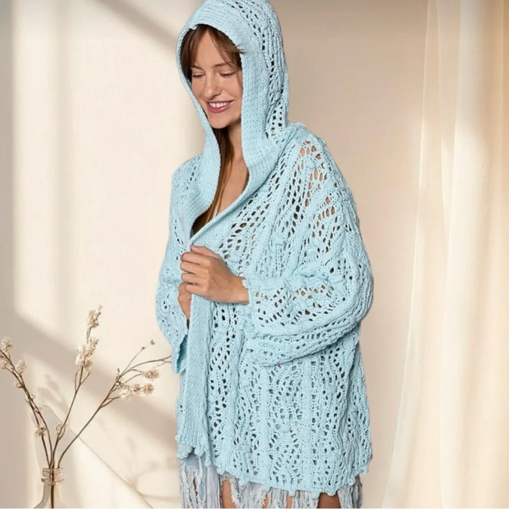 POL Baby Blue Crochet Hooded Open Knit Cardigan Sweater - Picture 9 of 11